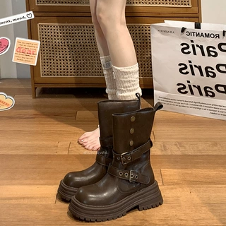 真皮两穿翻折马丁靴女款2025英伦风秋冬复古中筒靴子厚底机车短靴