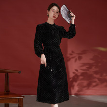 水墨佳人秋冬新真丝丝绒连衣裙银丝优雅修身长袖桑蚕丝中长裙8360