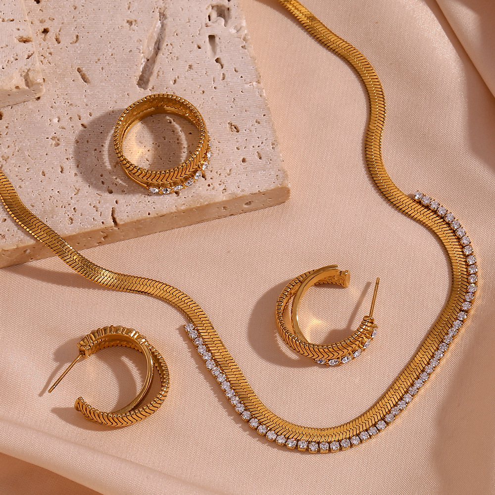 Exquisite Micro-inlaid Stitching Stainless Steel Necklace Earrings Ring Sets