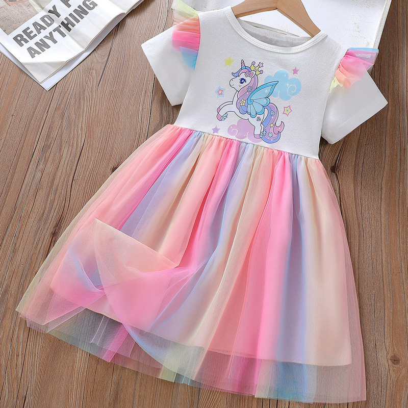Foreign Trade Cross-Border Girls Mesh Dress 2025 Summer Rainbow Horse Unicorn Kidsren's Style Short-Sleeved Princess Dress