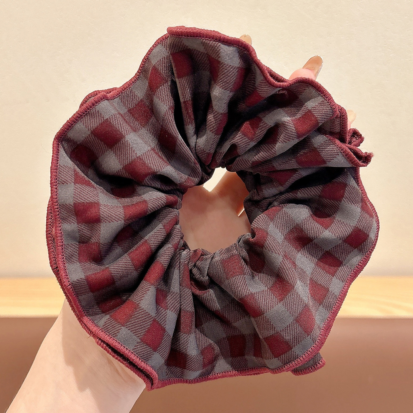 1# 보라색 이중 격자 무늬 머리끈 - 약 18cm