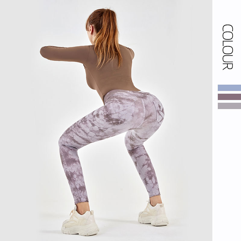 Pantalones de fitness de mezclilla teñidos de cintura alta transfronterizos nuevos pantalones de fitness de cintura alta elásticos de las mujeres que adelgazan la cadera apretados yoga deportes pantalones Casuales
