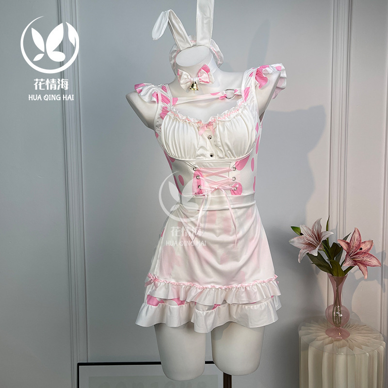Flower Sea Sexy Lingerie Cute Pink Cow Uniform Bunny Girl Maid Role Play Set A128