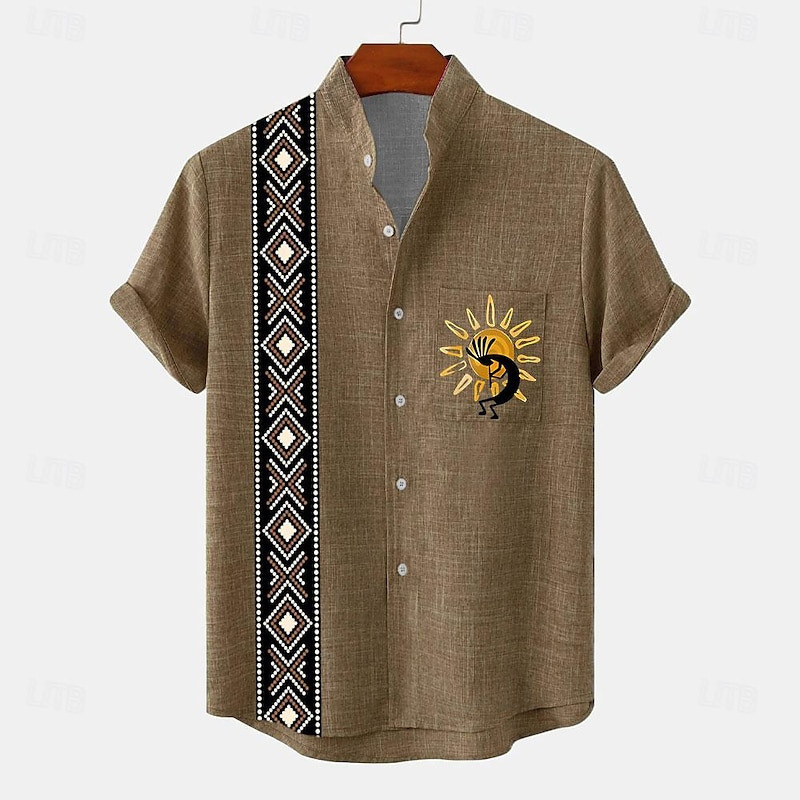 Cross-Border Hot Selling Men's Fashion Casual Shirt Button Summer Short-Sleeved Shirt African Tribal Pattern Print