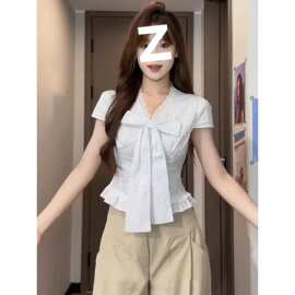 2026夏新款韩系条纹蝴蝶结V领衬衫女蕾丝花边短袖上衣显瘦现货