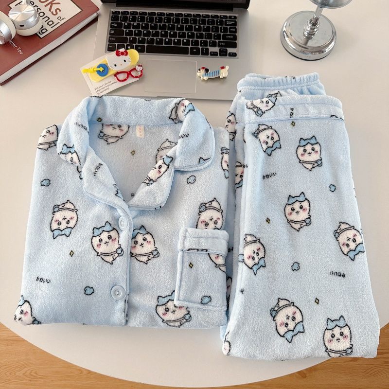 Invierno al por mayor transfronterizo cardigans de caricatura de coral felan pijamas de mangas largas pantalones largos set de ropa para el hogar