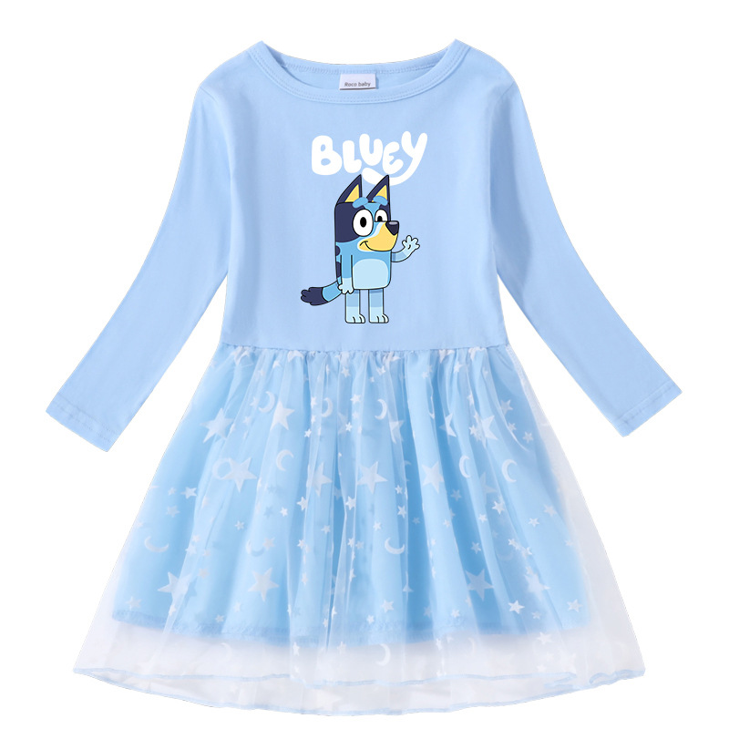 2023 Spring and Autumn New Cross-border Girls Dress Cotton Printed Cartoon Star Moon Mesh Long Sleeve Princess Dress