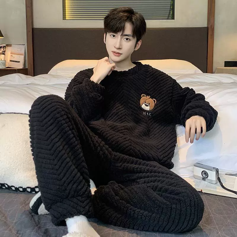 Трансграничная пижама мужская осень-зима новая утолщение молнии с длинными рукавами коралловой бархат