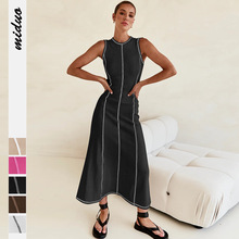 新款Y2K跨境設計感針織長裙圓領無袖復古歐美女裝A字裙法式連衣裙