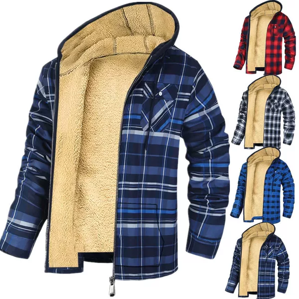 Men's Clothing for Foreign Trade Independent Websites, European and American Style, Autumn and Winter Thick Cotton Plaid Long-Sleeve Loose Hooded Jacket, Gray Wool
