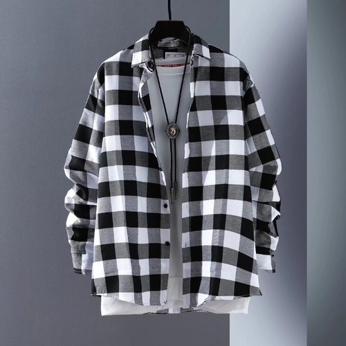 Autumn Japanese-style black and white checkered long-sleeve shirt for men, design-savvy, niche, retro Hong Kong flavor, loose-fitting, versatile jacket