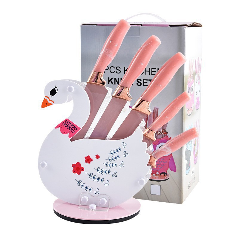 Venta caliente de comercio exterior Mango de patrón de nube de flujo Soporte de dibujos animados de acrílico creativo Juego de cuchillos de cocina de acero inoxidable de seis piezas