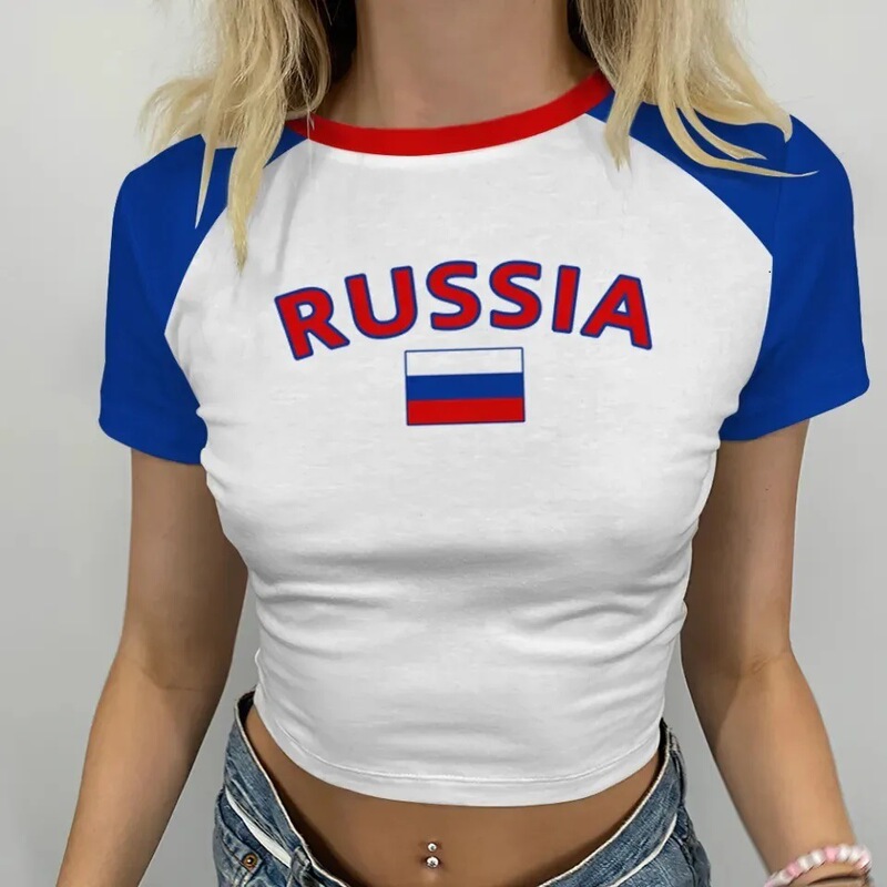 2025 Russian Graphic Letter Embroider Y2K Street Slim Short Raglan Short-Sleeved Top Women's Waist-Revealing T-Shirt