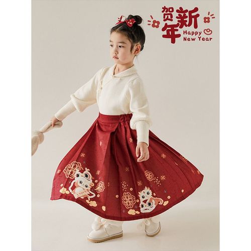 吾里卜一女童年服中国风马面裙子冬季儿童龙娃报福数码印花半身裙