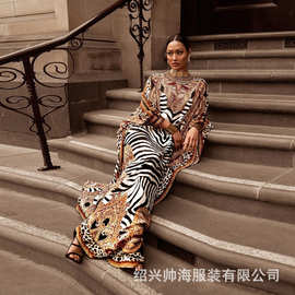 跨境欧美定位印花休闲时尚气质通勤时尚新款长裙印花连衣裙