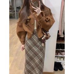 复古洋气减龄短款大衣女秋冬季新款毛呢大衣短外套格纹半身裙套装
