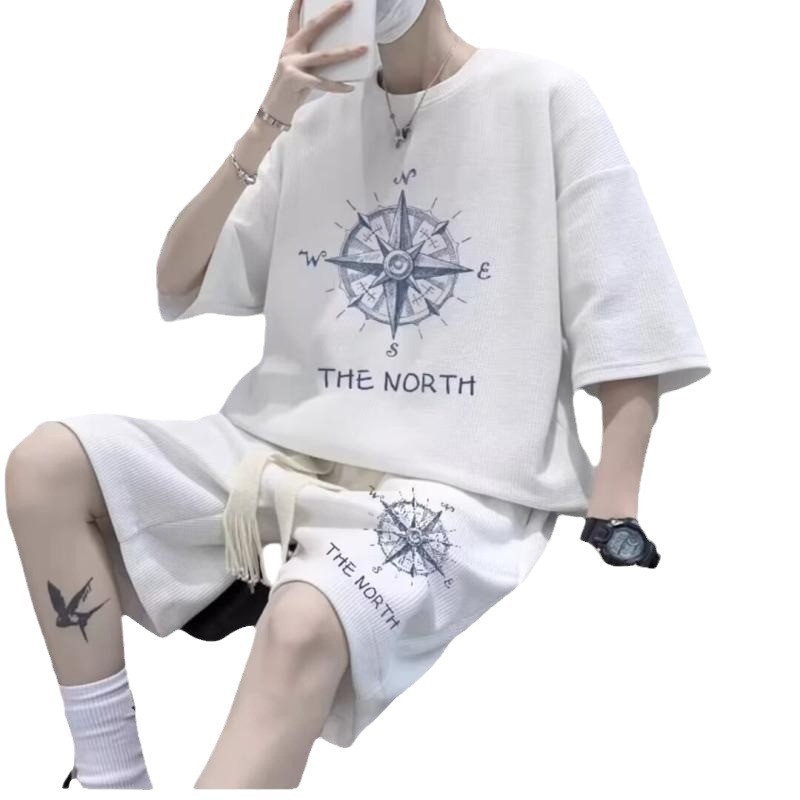 夏のワッフルスポーツスーツメンズオーバーサイズハンサムTシャツショーツツーピースセットトレンディなメンズファッションウェア|undefined
