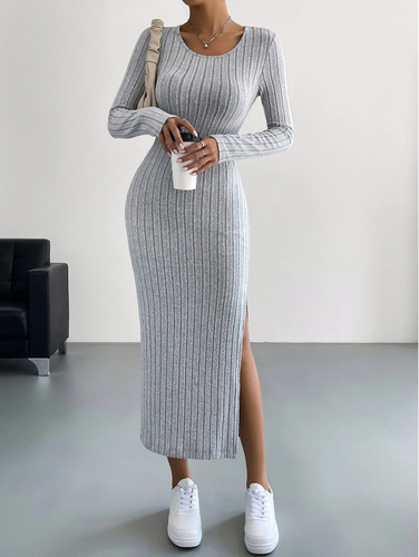 Women's Elegant and Refined Long-Sleeve Round Neck Ribbed Knit A-Line Dress with Slits - 2025 Spring and Autumn New Arrival Cross-Border Style