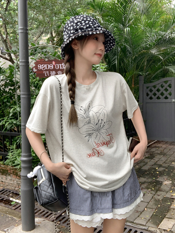 フラワーグレーラウンドネックプリントデザイン半袖Tシャツ女性用2025夏新作ゆったりレイジースタイル薄手トップ|undefined