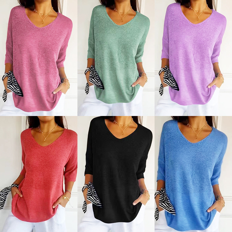 2025 Spring and Summer European and American Knitted Sweater Casual Sweater Basic Slimming V-Neck Seven-Sleeve Solid Color Knitted Air-conditioning Shirt