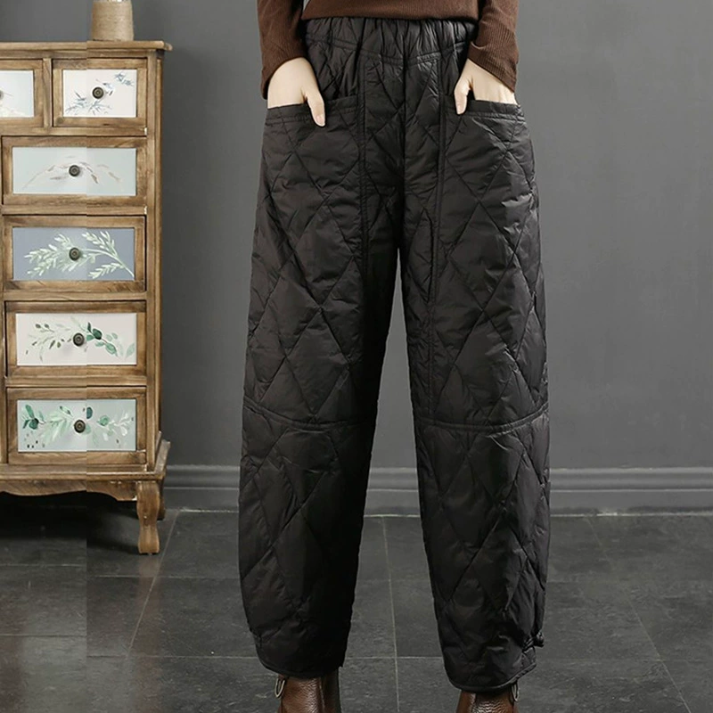 Зимние женские брюки 2025 года, новый стиль, литературно-ретро, однотонные, стеганые, из хлопкового пуха, ветрозащитные, теплые, утолщенные, свободные, повседневные.