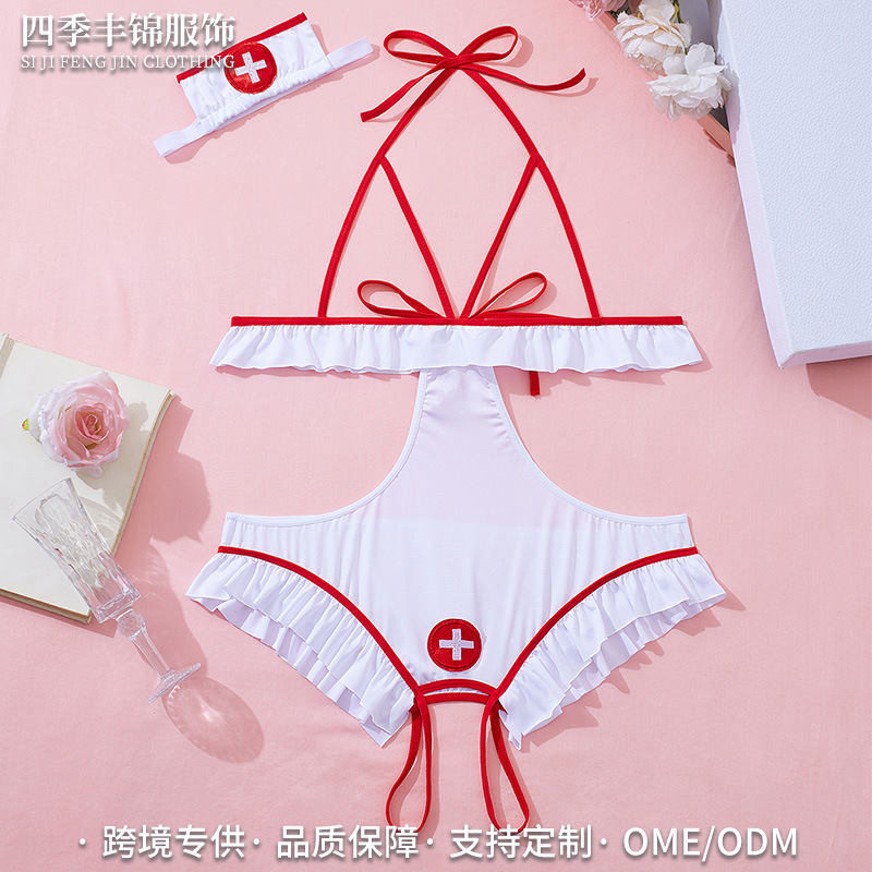 Cross-Border European and American Sexy Lingerie One-Piece Maid Nurse Role-Playing Hollow-Out Strap Uniform Sexy Suit