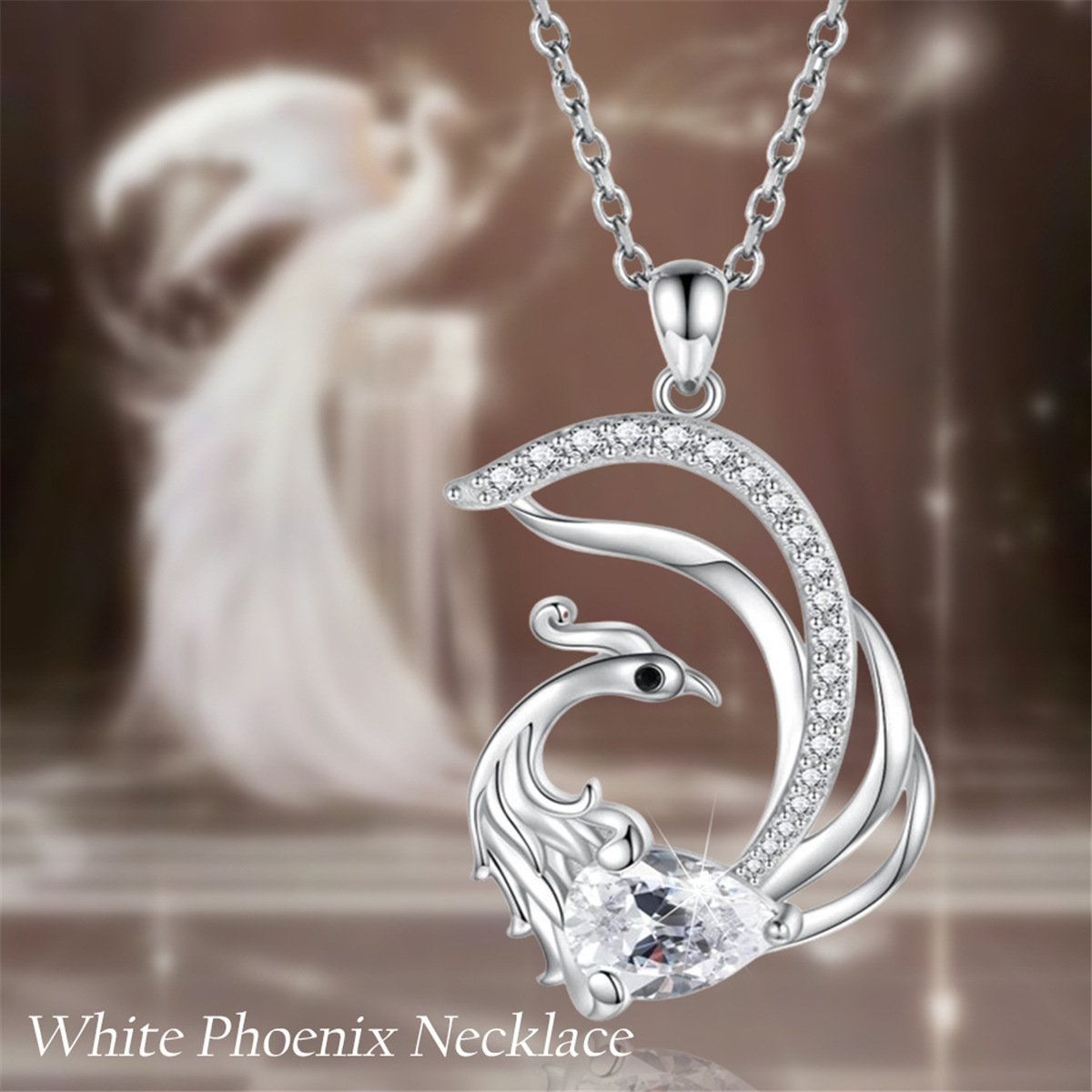 Vendita calda semplice e bella collana con ciondolo elegante a forma di fenice in cristallo bianco, gioielli da donna alla moda_voghion.com
