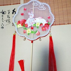 メーカー直販刺繍古風団扇長柄リボンレトロ宮扇漢服写真撮影道具手作り刺繍扇