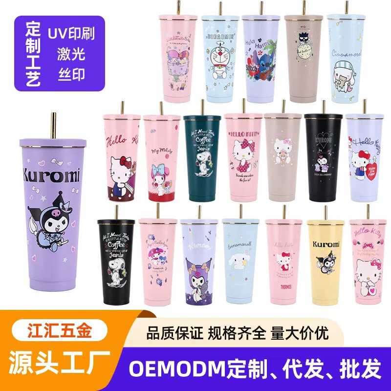 Hot-Selling Sanrio Cartoon Ins Straw Cup Large Capacity Double-Layer Vacuum Insulation and Cold Pattern Logo Straw Cup
