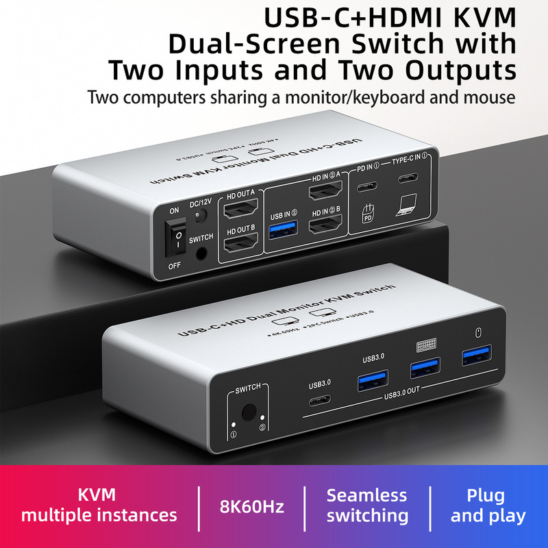 Usb-C+Hdmi Dual Monitor Kvm Switch Desktop Notebook Hybrid Kvmtype-C to Dual HDMI Usb-C+Hdmi Dual Monitor Kvm Switch Desktop Notebook Hybrid Kvmtype-C to Dual HDMI