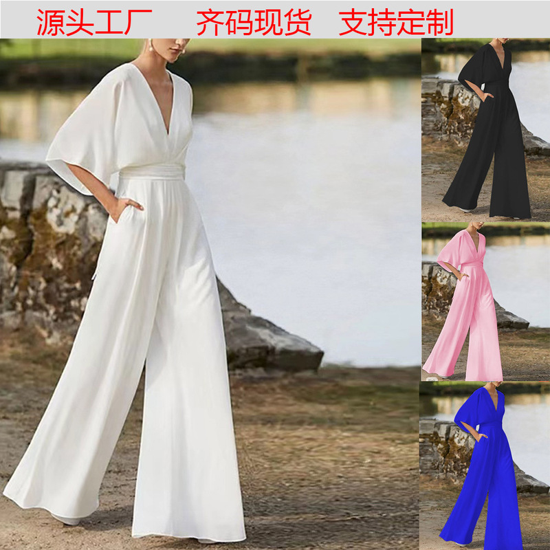 2026 Cross-Border Foreign Trade Spring and Summer Solid Color Fashion New Chinese Style Jumpsuit with Diagonal Placket, Mid-Waist, Elegant Commuter Jumpsuit