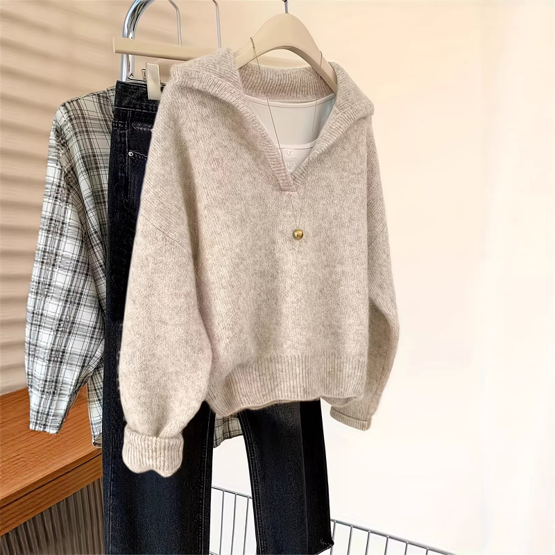 Cross-Border Hot-Selling Autumn and Winter Women's Fashionable and Elegant Polo Collar Knitted Pullover