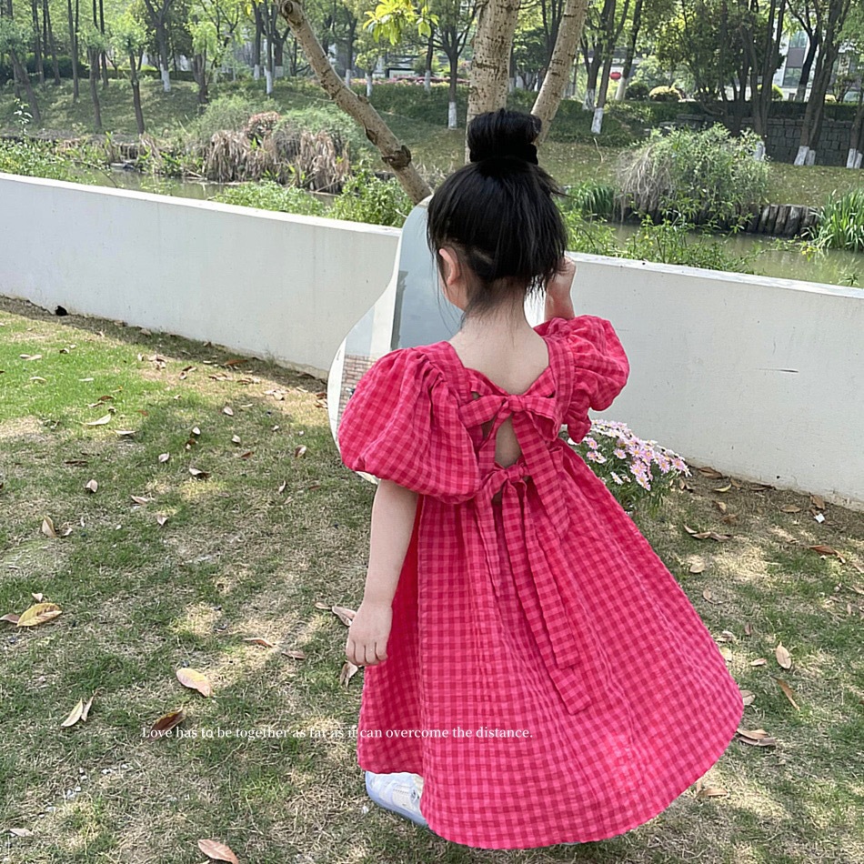 Xianning Seven Ropa para niños Vestido de manga abullonada para niñas Vestido de princesa para niños con espalda abierta con lazo de verano para niñas