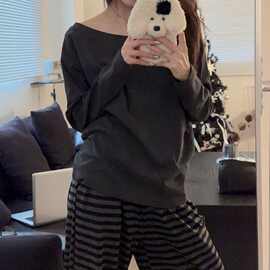 慵懒感一字肩韩系人棉睡衣女春秋季露肩休闲长袖可外穿家居服套装