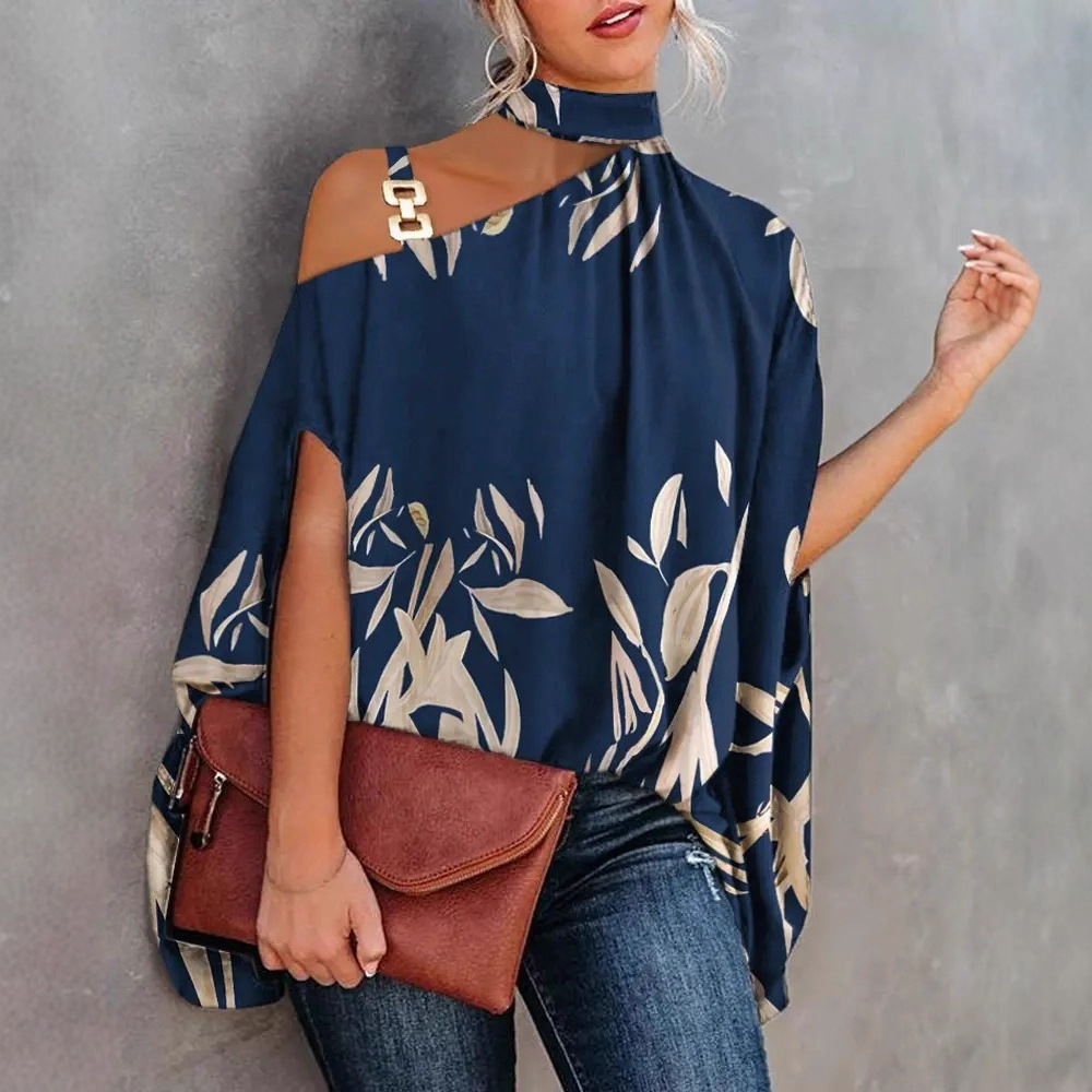 2022 estación independiente deseo Amazon popular verano Halter Batwing manga camisa impresa camisa de las mujeres ropa de mujer