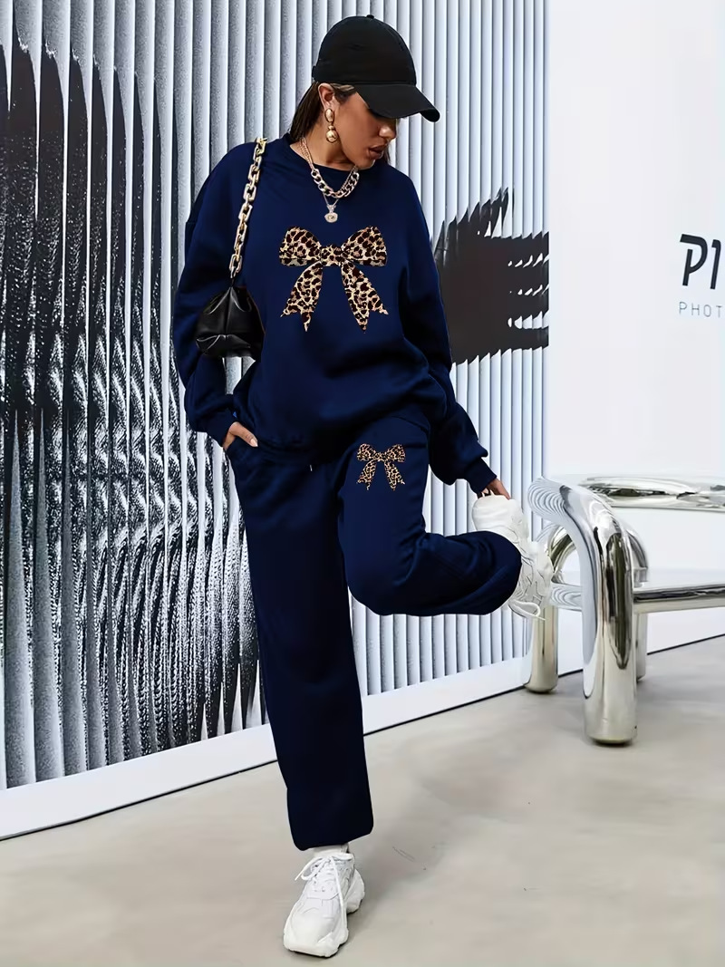 Women's Fleece Lined Sports Set Bow Print Casual Top Drawstring Jogging Pants Autumn Winter European American Style Print_ecoleips.com