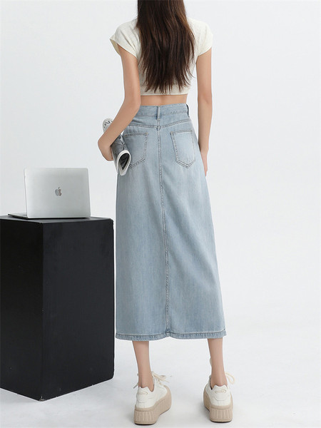 Blue summer thin long denim skirt