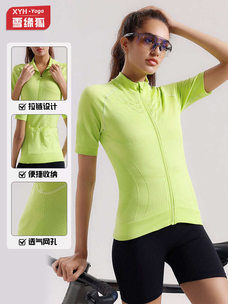 Verano fitness deportes yoga ciclismo manga corta mujer cremallera cuello alto transpirable de secado rápido compresión con bolsillo camiseta ajustada