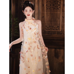 Bridal Morning Robe Halterneck Plus Size Engagement Wedding Evening Dress Toast Dress Classy Accessible Luxury Niche Stereo Flower Dress