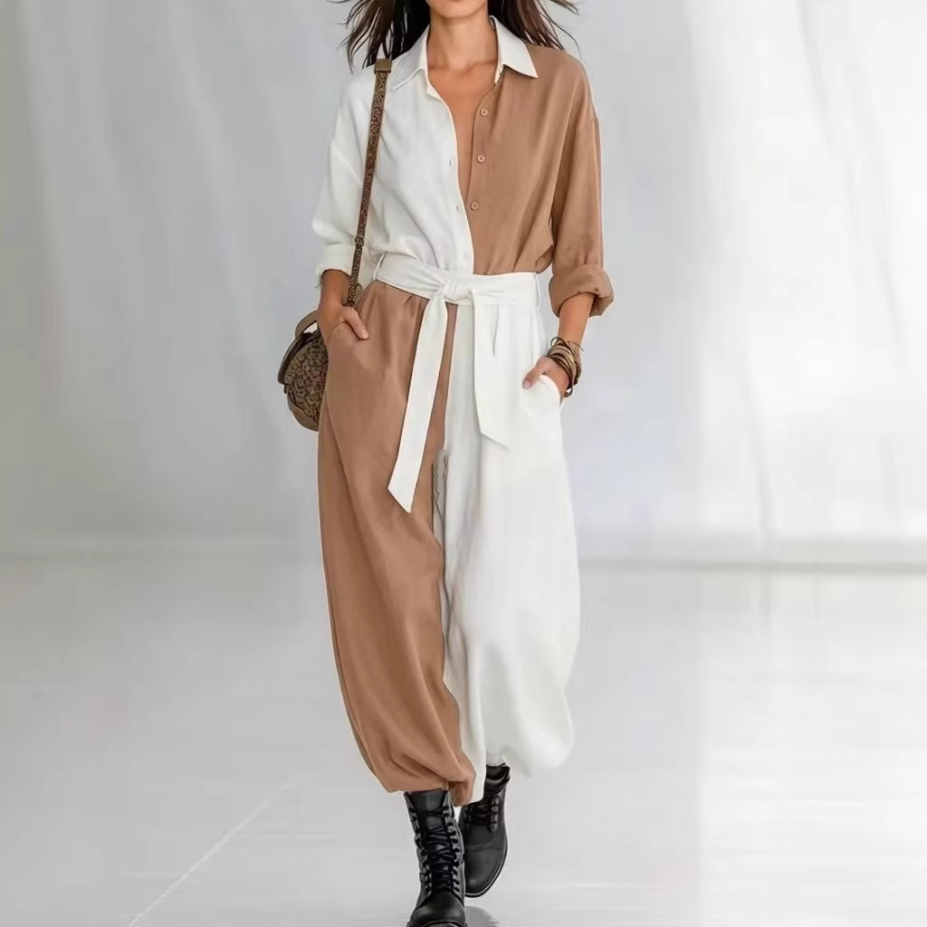Damenbekleidung Frühlingsmode: Einfarbiger Patchwork-Jumpsuit mit langen Ärmeln und Bindeband für Damen_voghion.com
