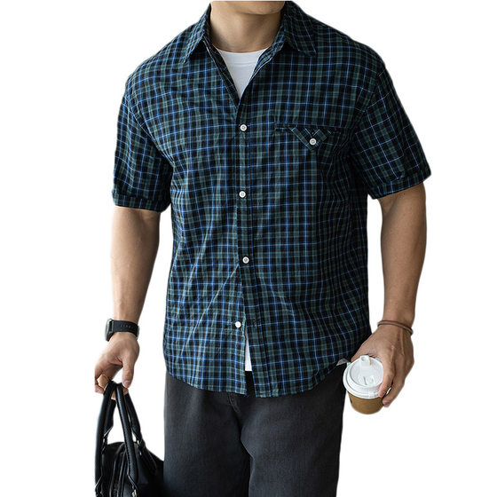 Vintage Cotton Yarn-dyed Plaid Short-sleeved Shirt Men's 2025 Spring and Summer New Shoulder-drop Casual Lapel Shirt Jacket