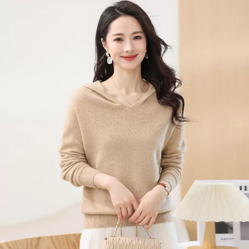 V领连帽羊绒衫女长袖套头毛衣纯色休闲百搭100%纯羊绒针织打底衫