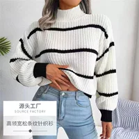 AliExpress в европейском и американском стиле, трансграничный свитер Amazon, красивый осенне-зимний свободный полосатый свитер с высоким воротником и длинными рукавами