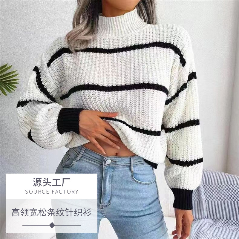 AliExpress European and American style Amazon cross-border sweater beauty autumn and winter high collar loose striped long sleeve sweater AliExpress European and American style Amazon cross-border sweater beauty autumn and winter high collar loose striped long sleeve sweater