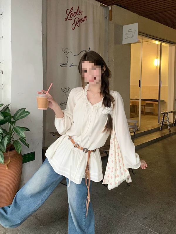 木耳边领抽绳长袖衬衫女夏日出游穿搭法式气质收腰绝美上衣|undefined
