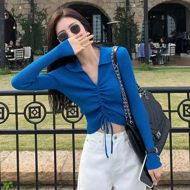 秋冬抽绳短款露脐v领polo针织衫女2022新款设计感修身针织衫上衣