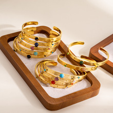 多彩天然石镶嵌时尚简约女不锈钢手镯欧美轻奢镶钻小众钛钢手镯