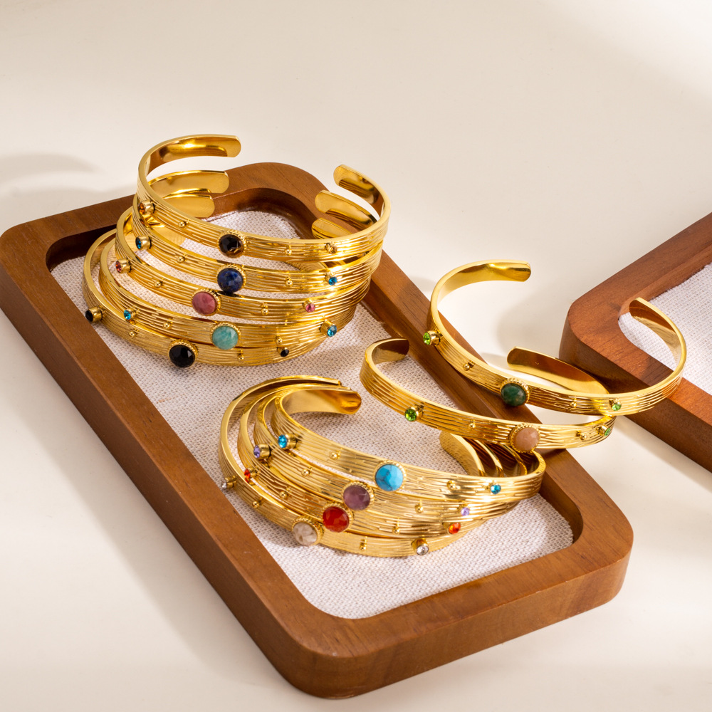 多彩天然石镶嵌时尚简约女不锈钢手镯欧美轻奢镶钻小众钛钢手镯