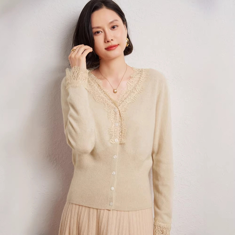 French-Style High-End V-Neck Lace Base Sweater, New Autumn Product with Lace Trim, 100% Wool Knitted Cardigan Top French-Style High-End V-Neck Lace Base Sweater, New Autumn Product with Lace Trim, 100% Wool Knitted Cardigan Top