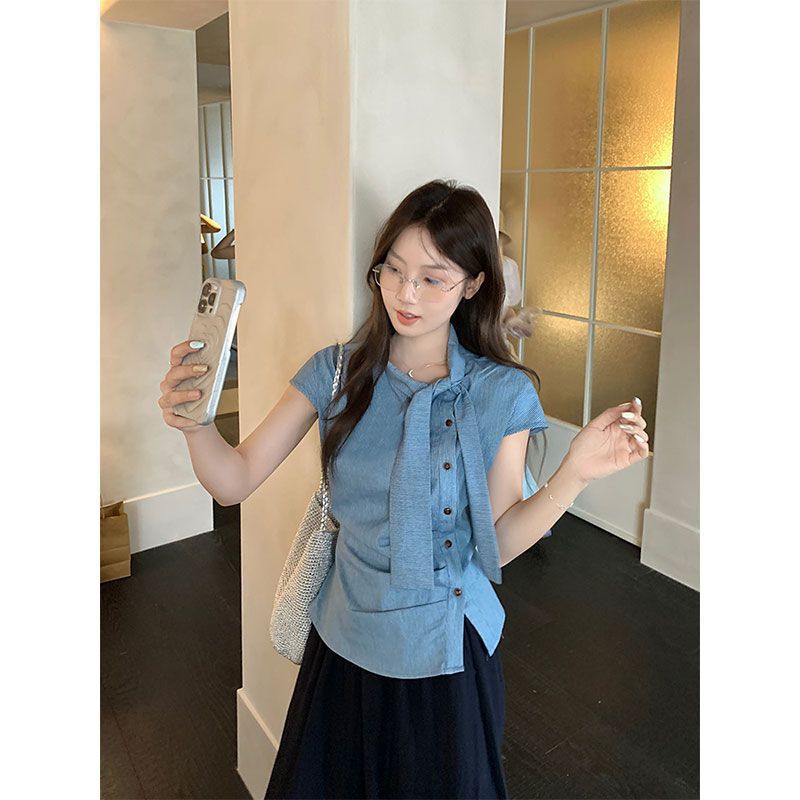 Korean-Style Striped Short-Sleeve Shirt with Fluttering Sleeves and Ribbons for Women, Summer Design Top with Irregular Pleats and Waist-Cinching Features